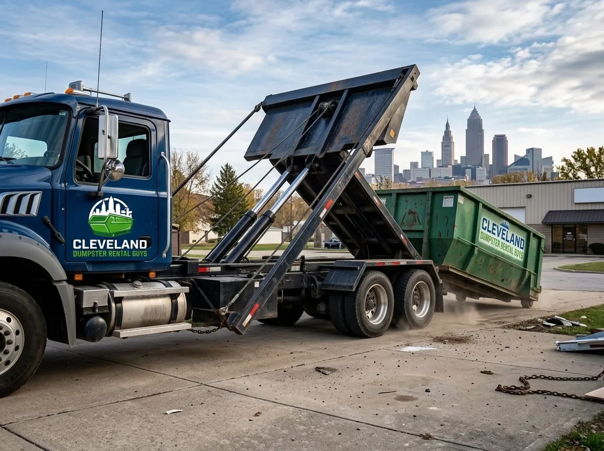 Cleveland Dumpster Rental Guys crew beside a branded roll-off truck