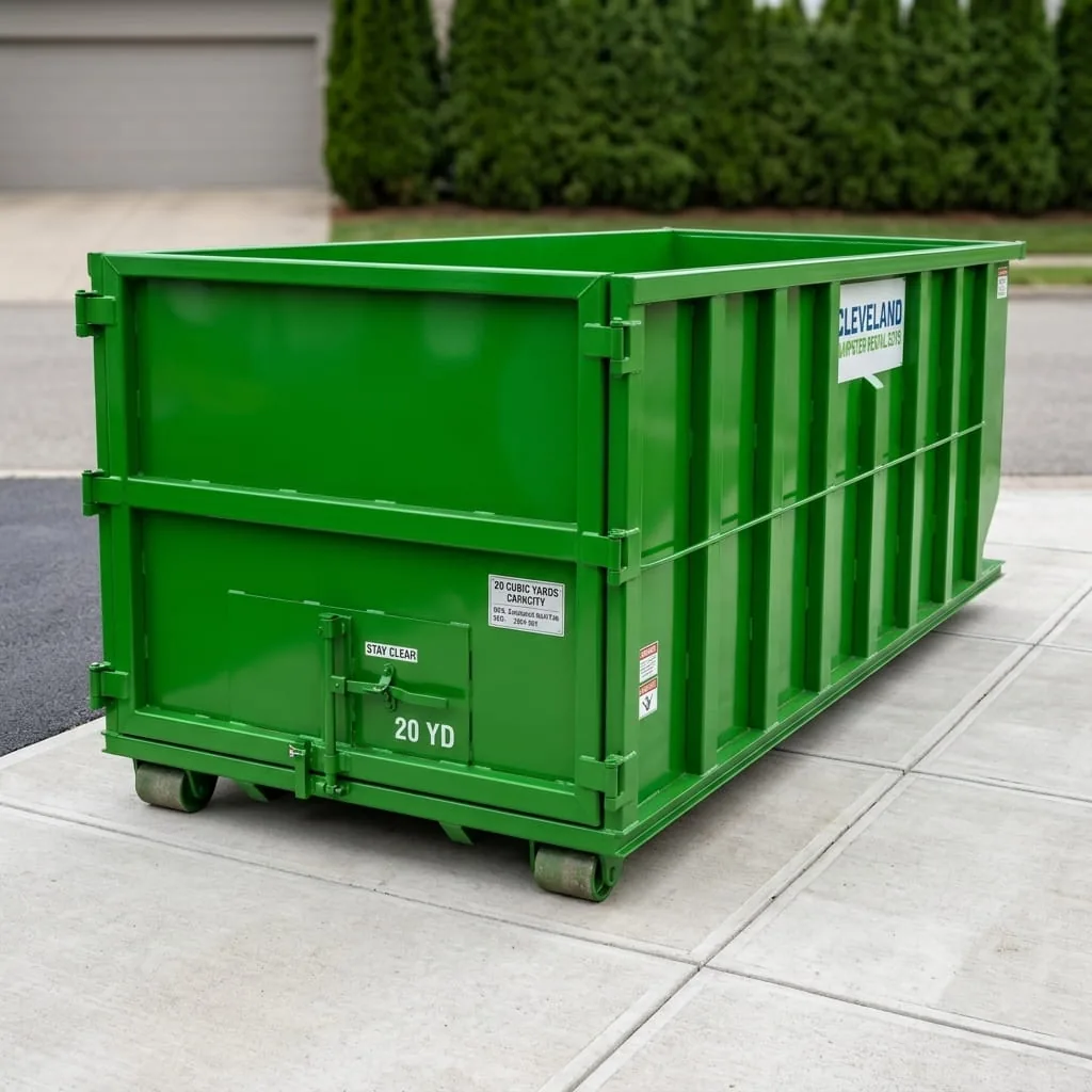 Cleveland Dumpster Rental Guys roll-off truck delivering a dumpster